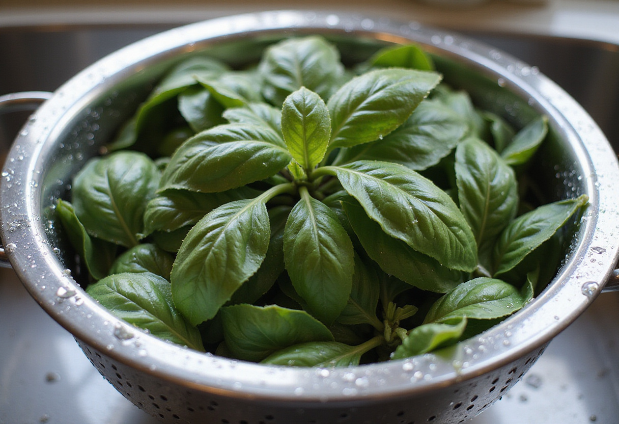 Fresh basil leaves being washed for a light and creamy pesto Caprese pasta salad, enhancing the fresh flavors of the dish.