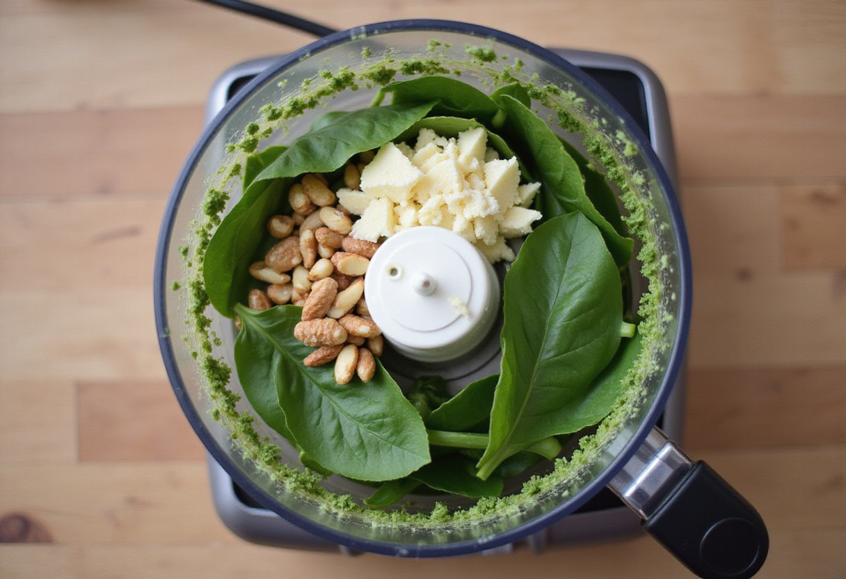 Ingredients for creamy pesto being prepared in a food processor, highlighting the assembly of flavors for a delicious pasta salad.