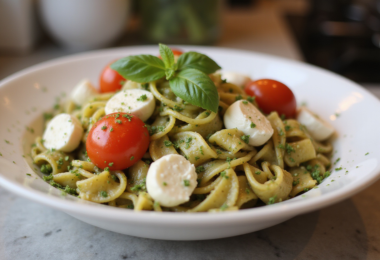 A vibrant pasta salad being mixed with creamy pesto, showcasing the colorful ingredients of the light and creamy Caprese salad.
