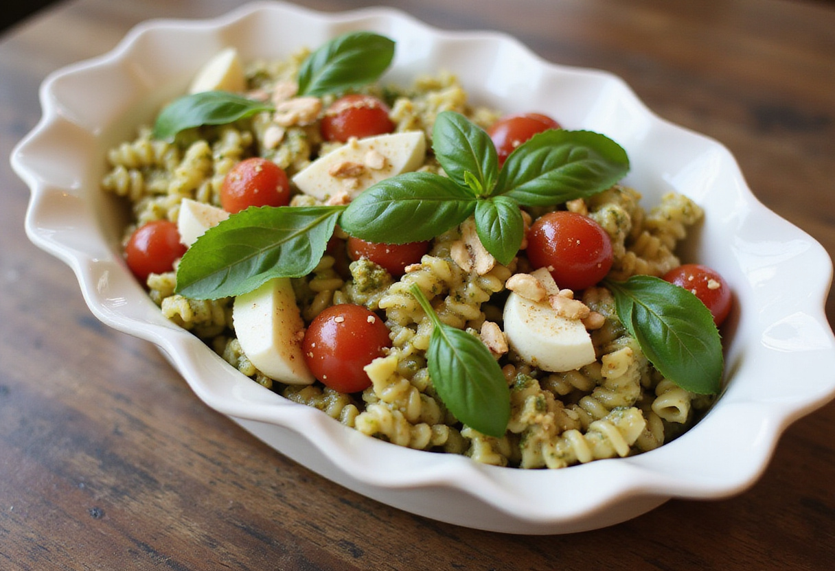 A beautifully garnished dish of light and creamy pesto Caprese pasta salad, perfect for summer gatherings.