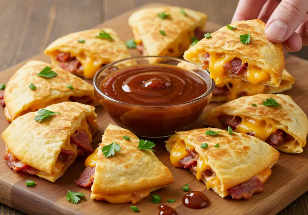 Final presentation of Loaded BBQ Bacon Cheese Quesadilla Bombs, golden and crispy on a plate with BBQ sauce for dipping.