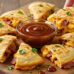 Final presentation of Loaded BBQ Bacon Cheese Quesadilla Bombs, golden and crispy on a plate with BBQ sauce for dipping.