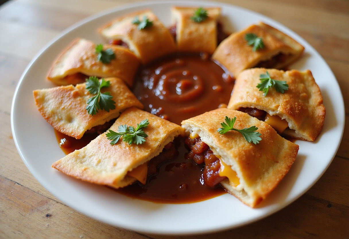 Final presentation of Loaded BBQ Bacon Cheese Quesadilla Bombs, golden and crispy on a plate with BBQ sauce for dipping.