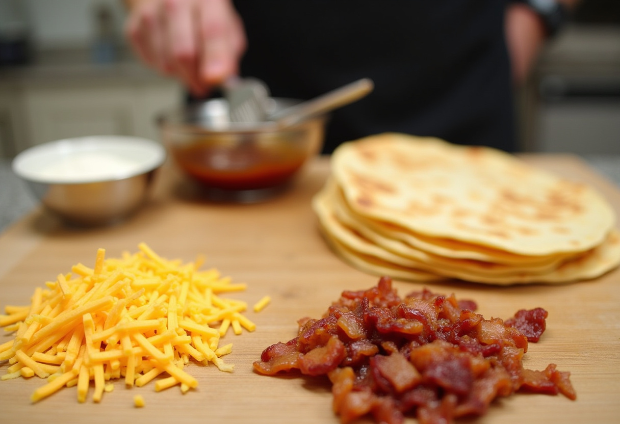 Ingredients for Loaded BBQ Bacon Cheese Quesadilla Bombs including tortillas, shredded cheese, bacon, and BBQ sauce on a cutting board.