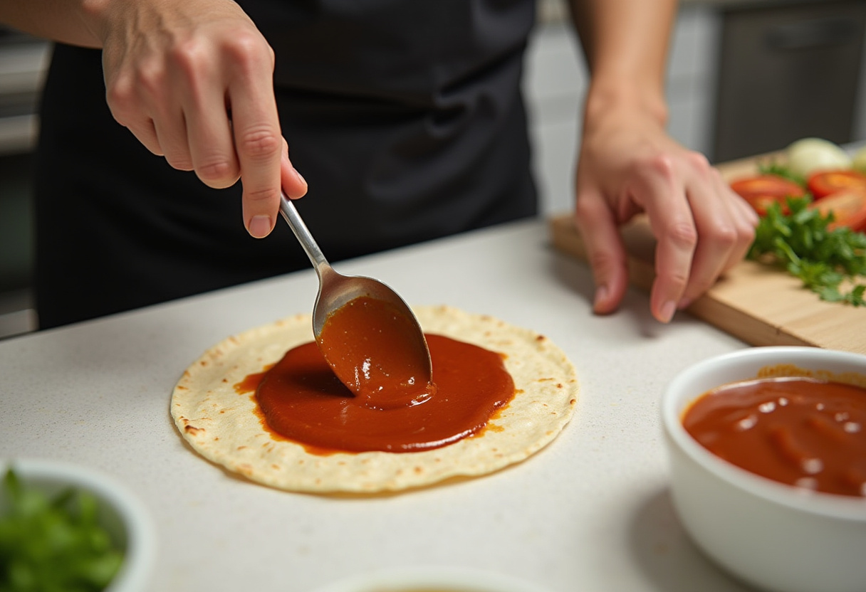Spreading BBQ sauce on a tortilla while preparing Loaded BBQ Bacon Cheese Quesadilla Bombs with other ingredients in view.