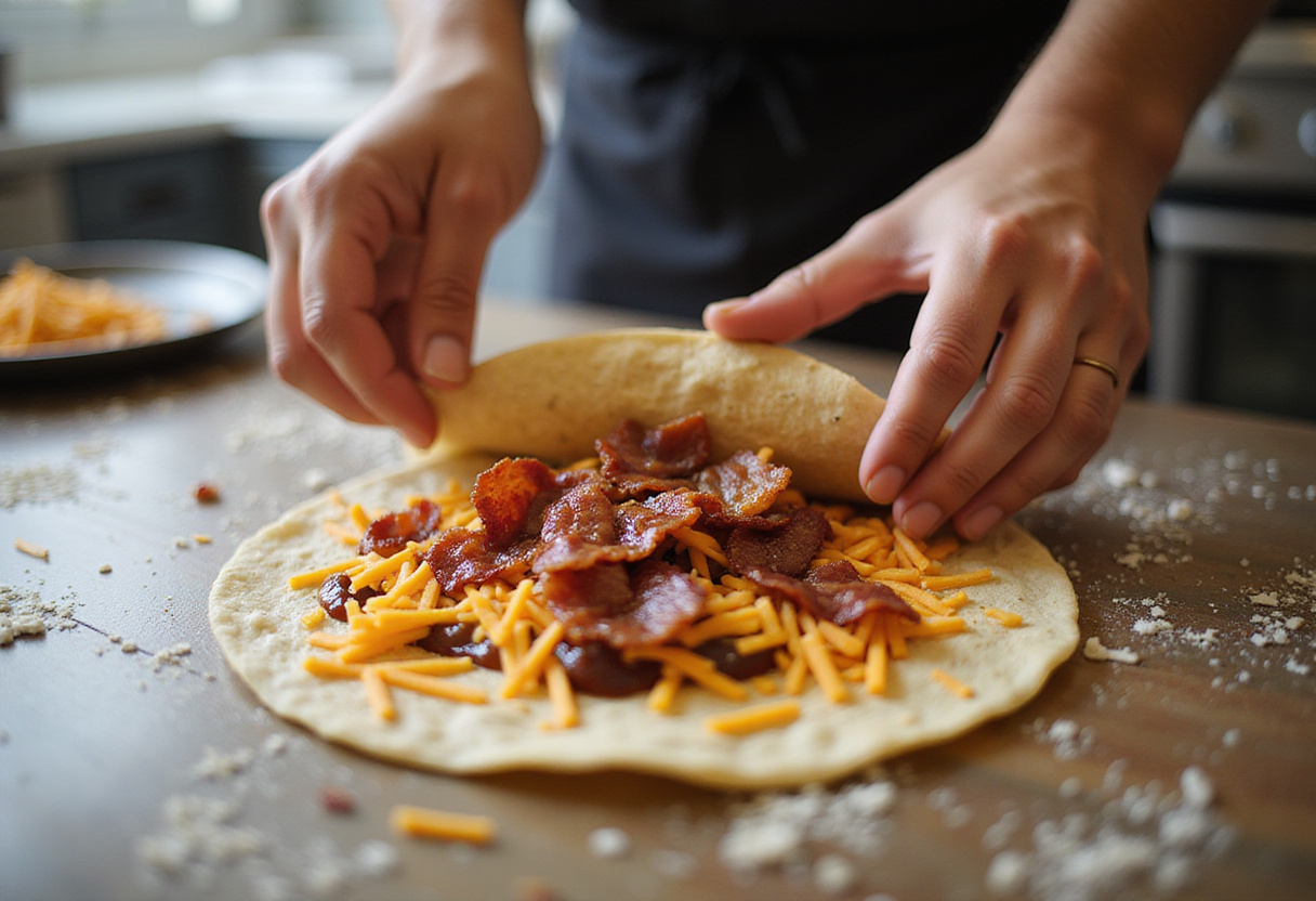 Layering cheese and bacon for Loaded BBQ Bacon Cheese Quesadilla Bombs in a beautifully lit kitchen environment.