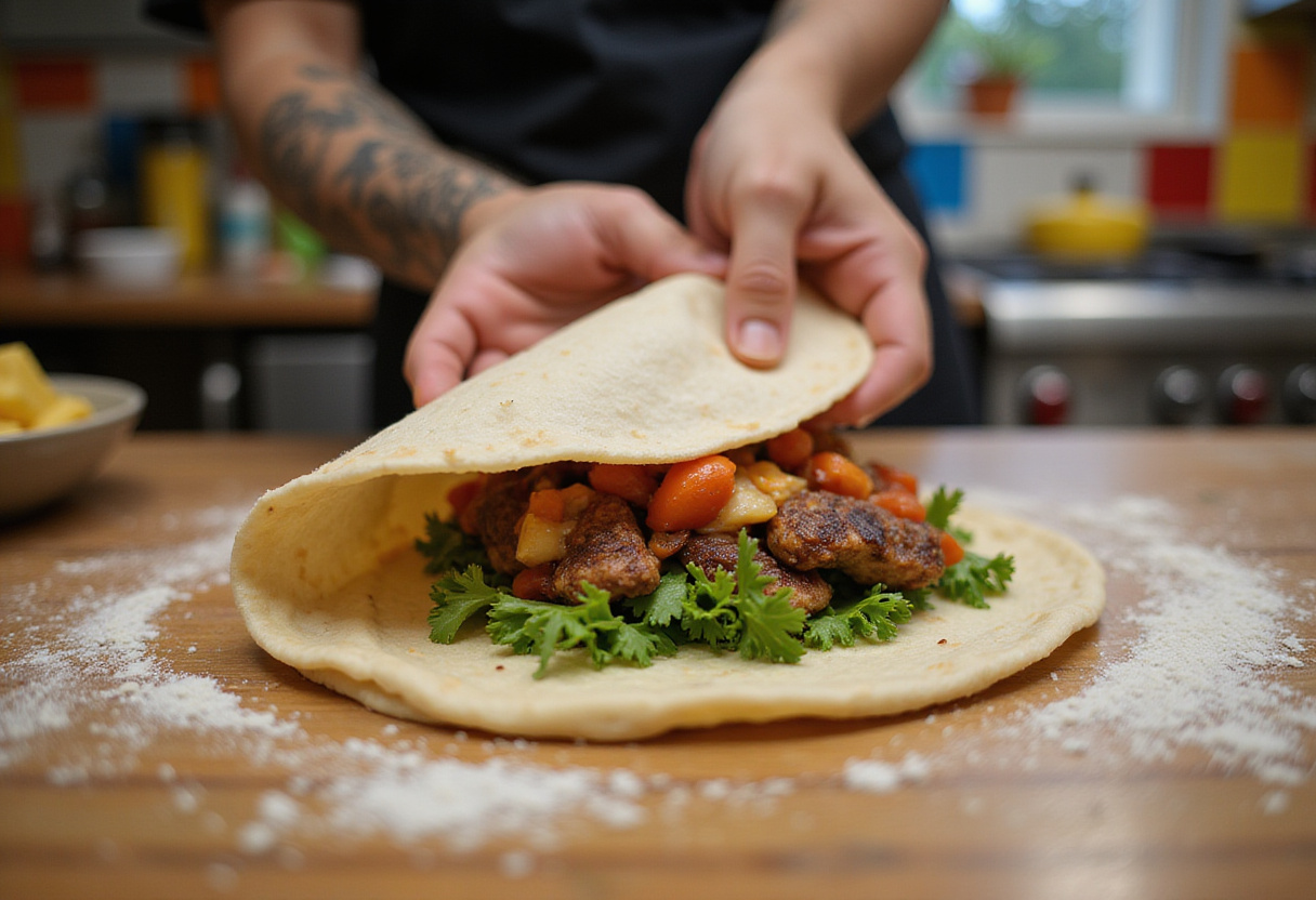 Folding a tortilla to create Loaded BBQ Bacon Cheese Quesadilla Bombs in a vibrant kitchen setting.
