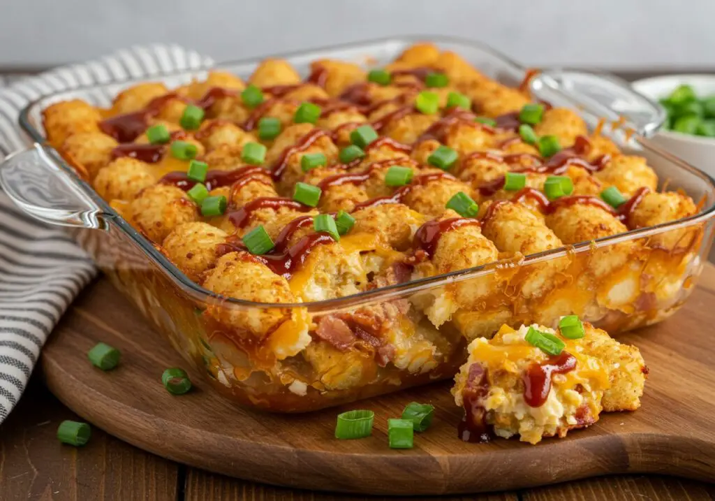 Delicious Loaded BBQ Bacon Tater Tot Casserole presented on a wooden table, garnished and ready to serve, highlighting its scrumptiousness.