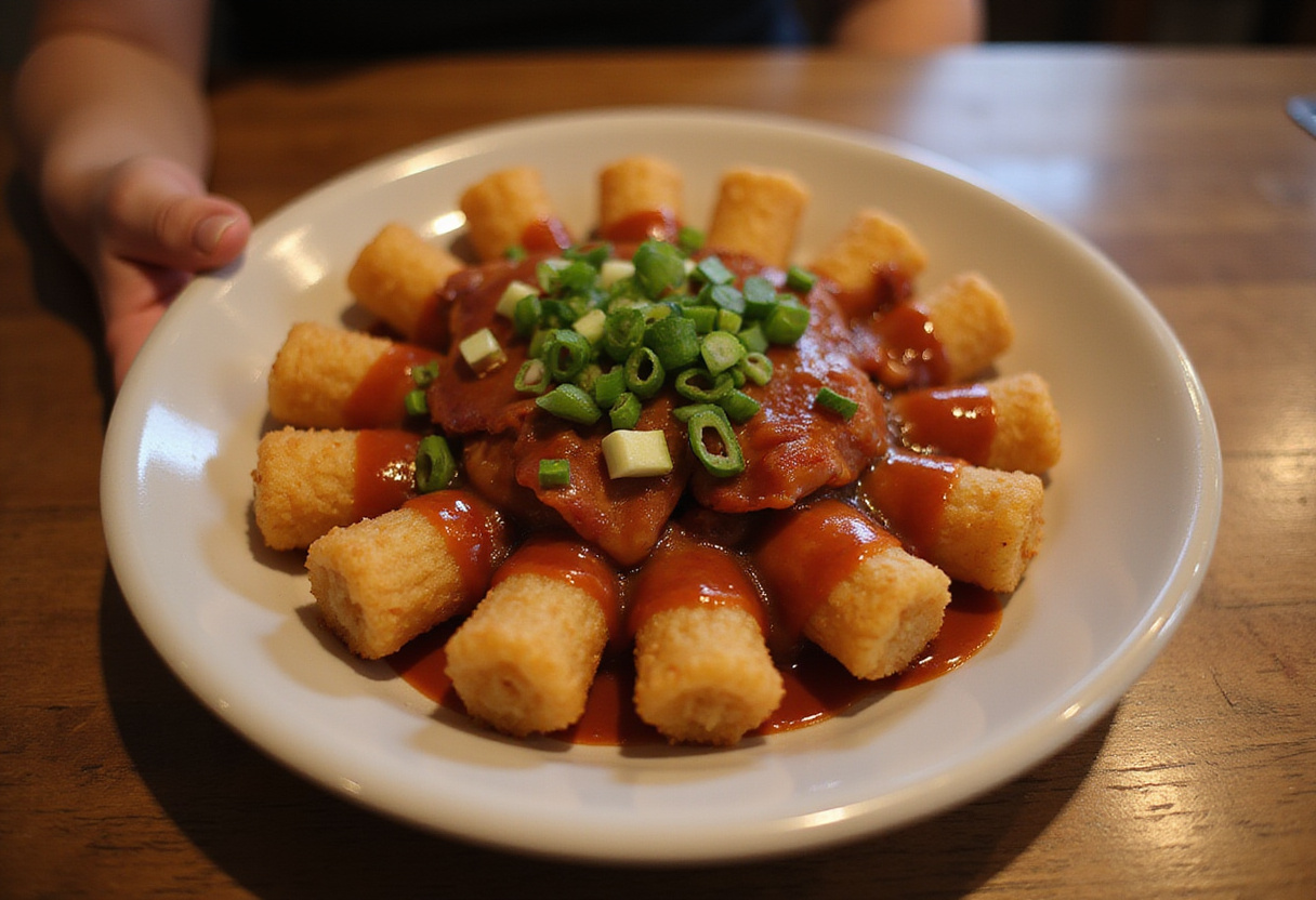 Delicious Loaded BBQ Bacon Tater Tot Casserole presented on a wooden table, garnished and ready to serve, highlighting its scrumptiousness.