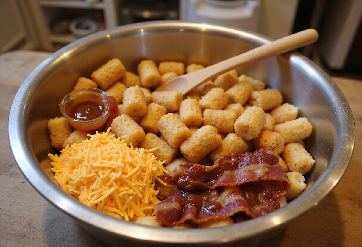 Loaded BBQ Bacon Tater Tot Casserole preparation with frozen tater tots, bacon, cheese, and BBQ sauce in a rustic kitchen.