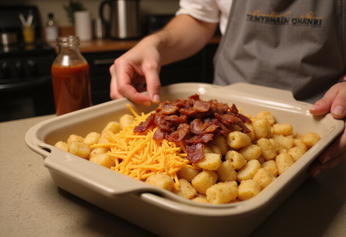 Combining tater tots, bacon, and cheese for Loaded BBQ Bacon Tater Tot Casserole in a cozy kitchen setting.