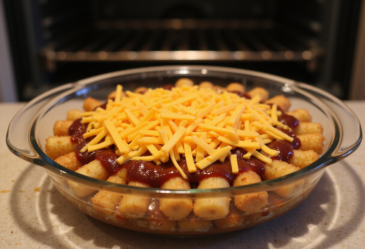 Loaded BBQ Bacon Tater Tot Casserole ready for the oven, showcasing the cheesy and saucy deliciousness before baking.
