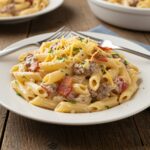 A delicious plate of loaded bacon cheeseburger alfredo pasta garnished with parsley and cheese, an inviting meal ready to serve.