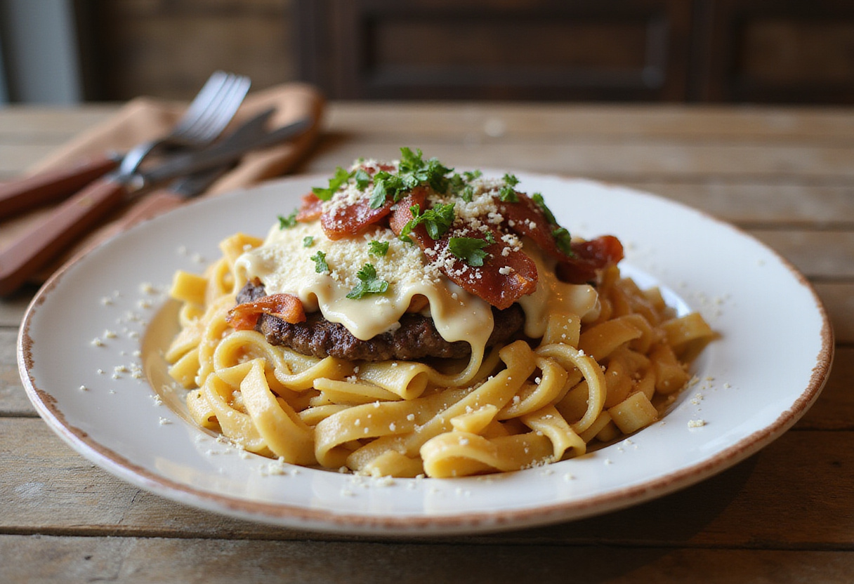 A delicious plate of loaded bacon cheeseburger alfredo pasta garnished with parsley and cheese, an inviting meal ready to serve.