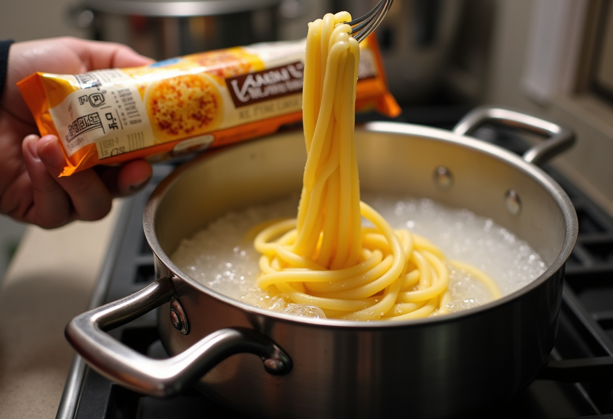 Boiling water with fettuccine pasta for loaded bacon cheeseburger alfredo pasta, cooking pasta perfectly.
