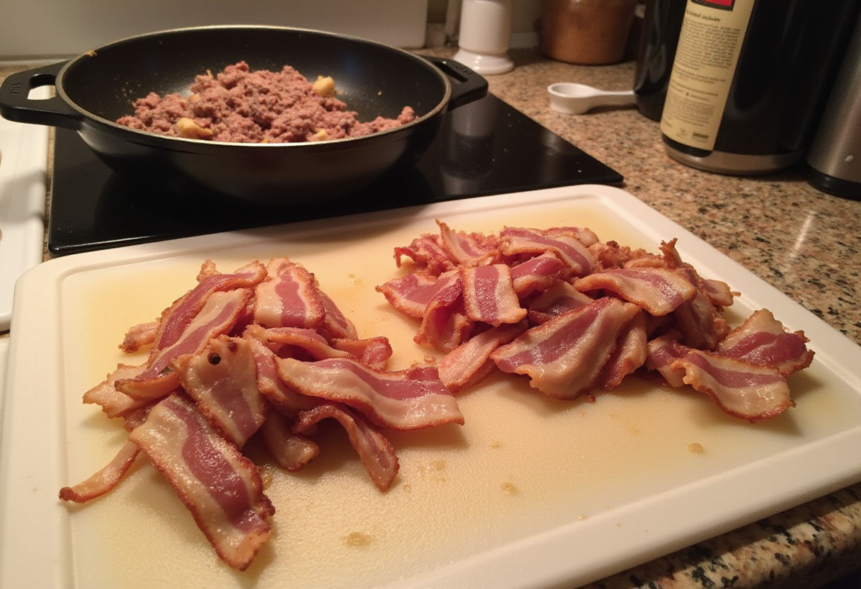 Chopped crispy bacon and ground beef in preparation for making loaded bacon cheeseburger alfredo pasta.
