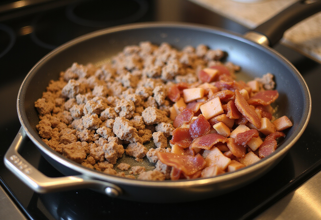 Sizzling beef and bacon in a skillet while making loaded bacon cheeseburger alfredo pasta, capturing the cooking process.