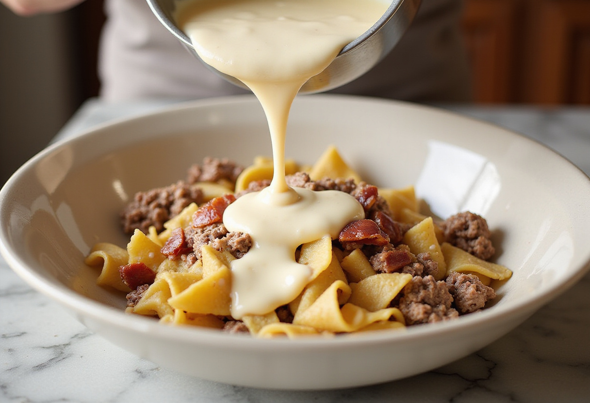 Creamy Alfredo sauce added to fettuccine, bacon, and beef for loaded bacon cheeseburger alfredo pasta, showcasing the blending of flavors.