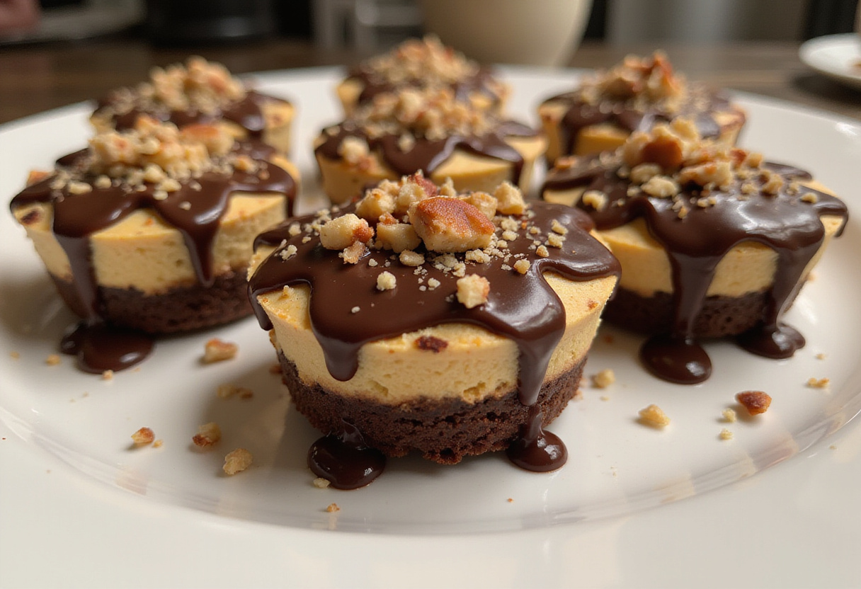 A stunning presentation of loaded brownie cheesecake cups, featuring rich layers of brownie and cheesecake, garnished with chocolate drizzle and nuts.