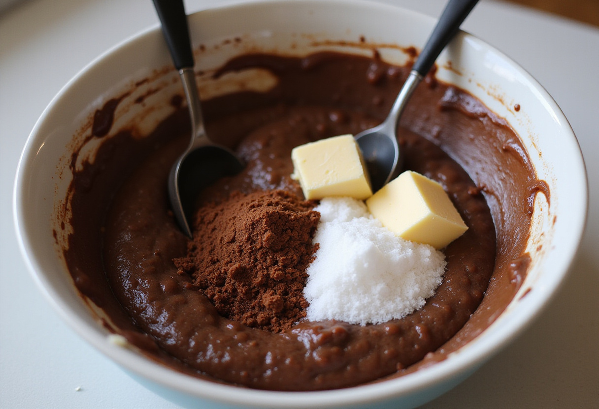 Delicious loaded brownie cheesecake cup ingredients being mixed, featuring melted chocolate, butter, and sugar for a rich brownie batter.