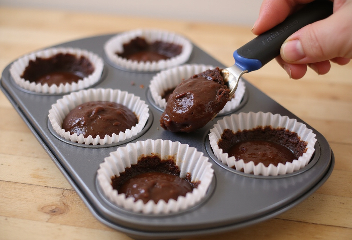 Brownie batter being poured into muffin tins lined with cupcake liners, ready to create loaded brownie cheesecake cups.
