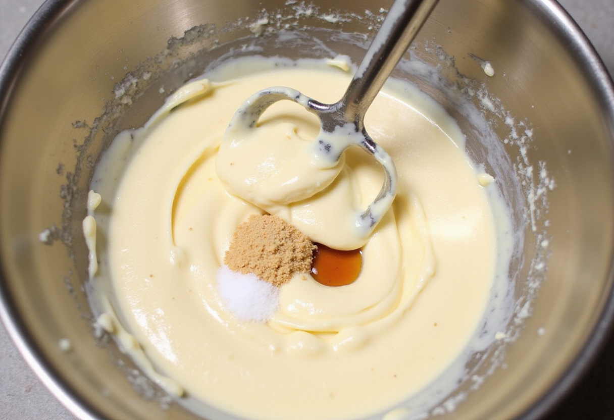 Creamy cheesecake filling being prepared for loaded brownie cheesecake cups, made with cream cheese, sugar, and vanilla extract for a rich flavor.