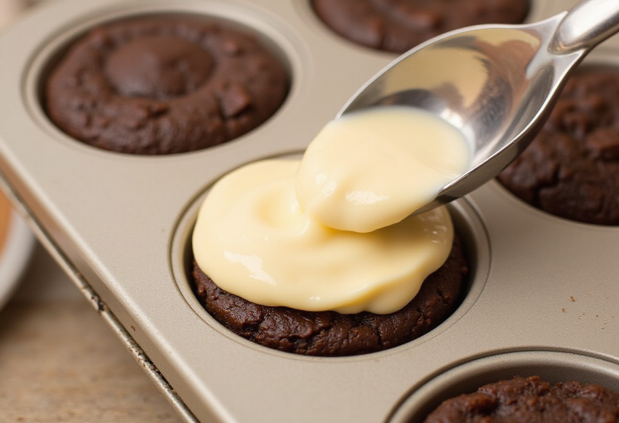 Cheesecake filling delicately added atop the brownie batter in muffin tins, creating the perfect layers for loaded brownie cheesecake cups.
