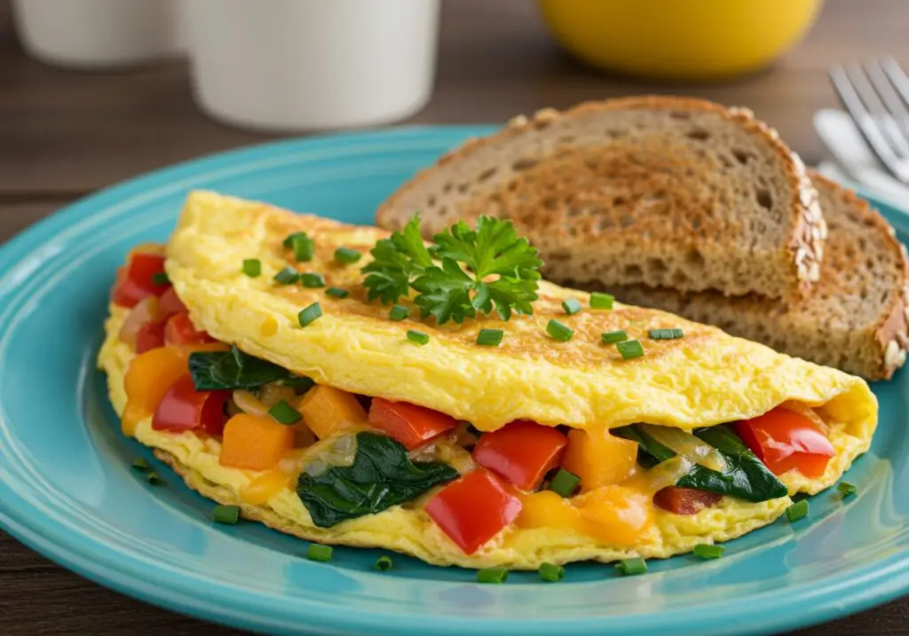 Final presentation of a Loaded Veggie Cheese Omelette, garnished with herbs, highlighting the deliciousness and colorfulness of this wholesome breakfast dish.
