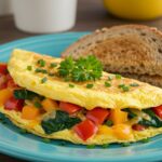 Final presentation of a Loaded Veggie Cheese Omelette, garnished with herbs, highlighting the deliciousness and colorfulness of this wholesome breakfast dish.