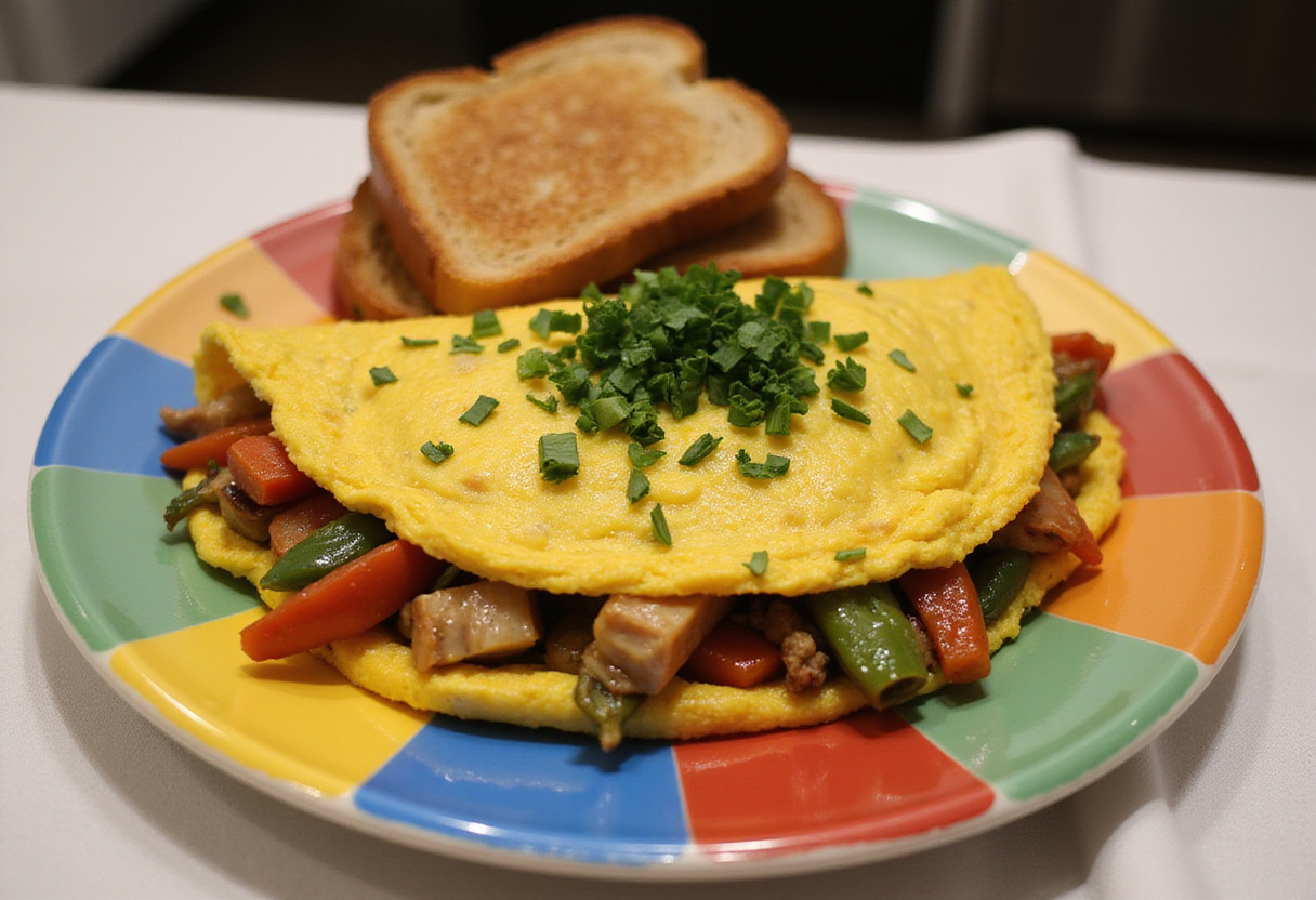 Final presentation of a Loaded Veggie Cheese Omelette, garnished with herbs, highlighting the deliciousness and colorfulness of this wholesome breakfast dish.