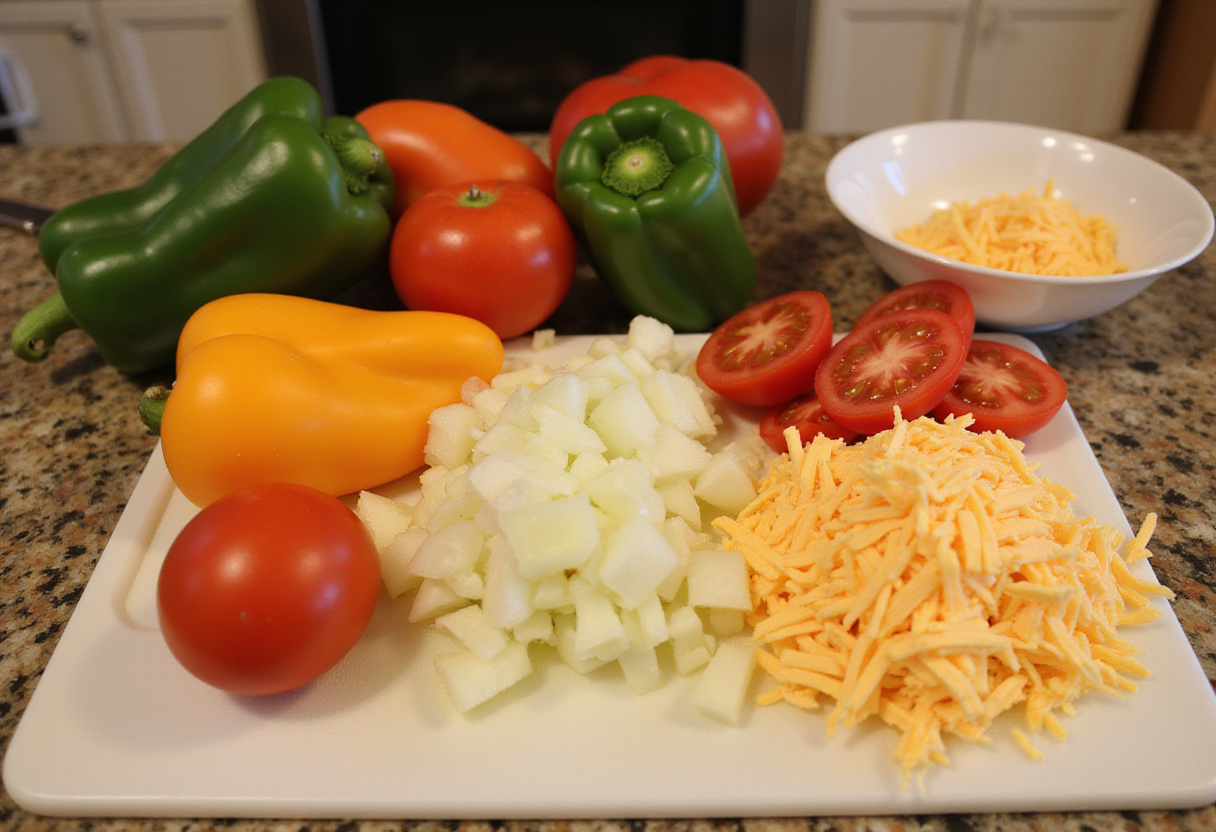 Chopping fresh vegetables for a Loaded Veggie Cheese Omelette, including bell peppers, onions, and tomatoes in a kitchen service.