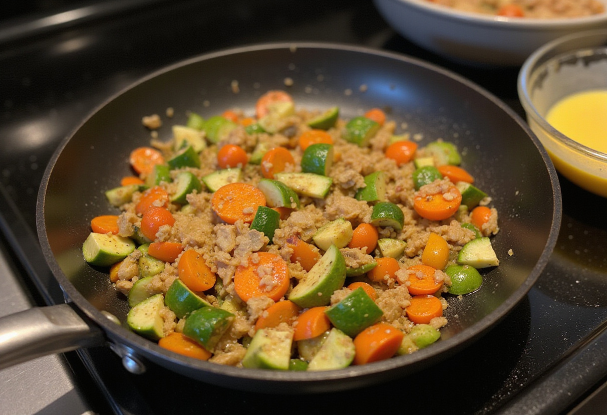 Sautéing vibrant vegetables in a frying pan for a Loaded Veggie Cheese Omelette, showcasing the preparation process with beaten eggs ready to be added.