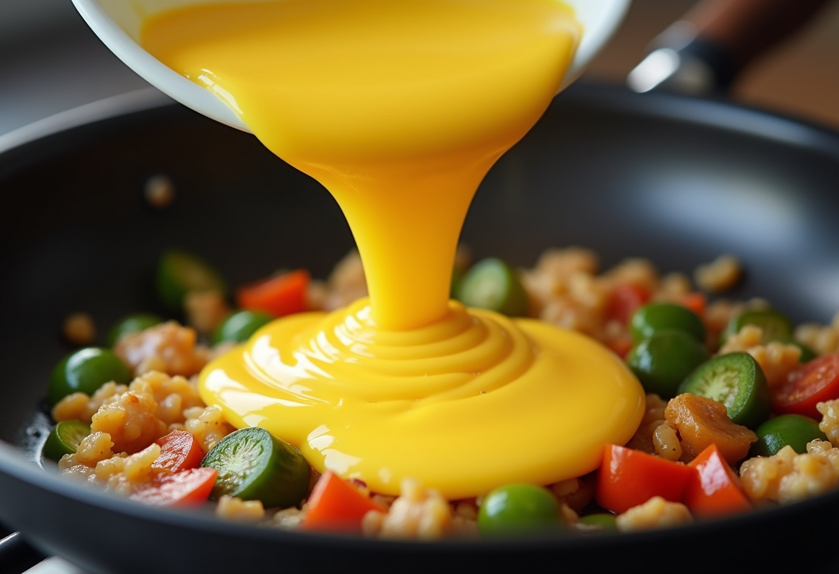 Pouring beaten eggs for a Loaded Veggie Cheese Omelette over sautéed vegetables, capturing the cooking process in a cozy kitchen atmosphere.