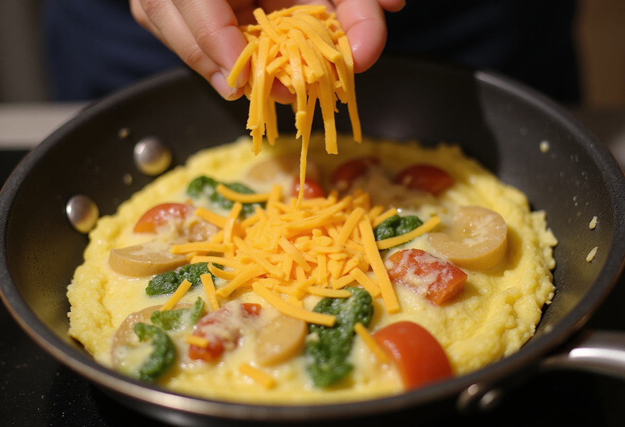 Adding shredded cheese on a cooking Loaded Veggie Cheese Omelette, highlighting the finishing touches in the kitchen.