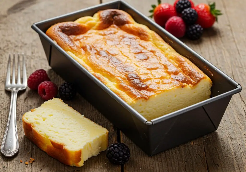 Perfectly baked Loaf Pan Basque Cheesecake served with fresh berries on a bright table setting.
