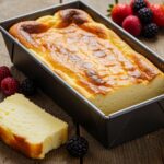 Perfectly baked Loaf Pan Basque Cheesecake served with fresh berries on a bright table setting.
