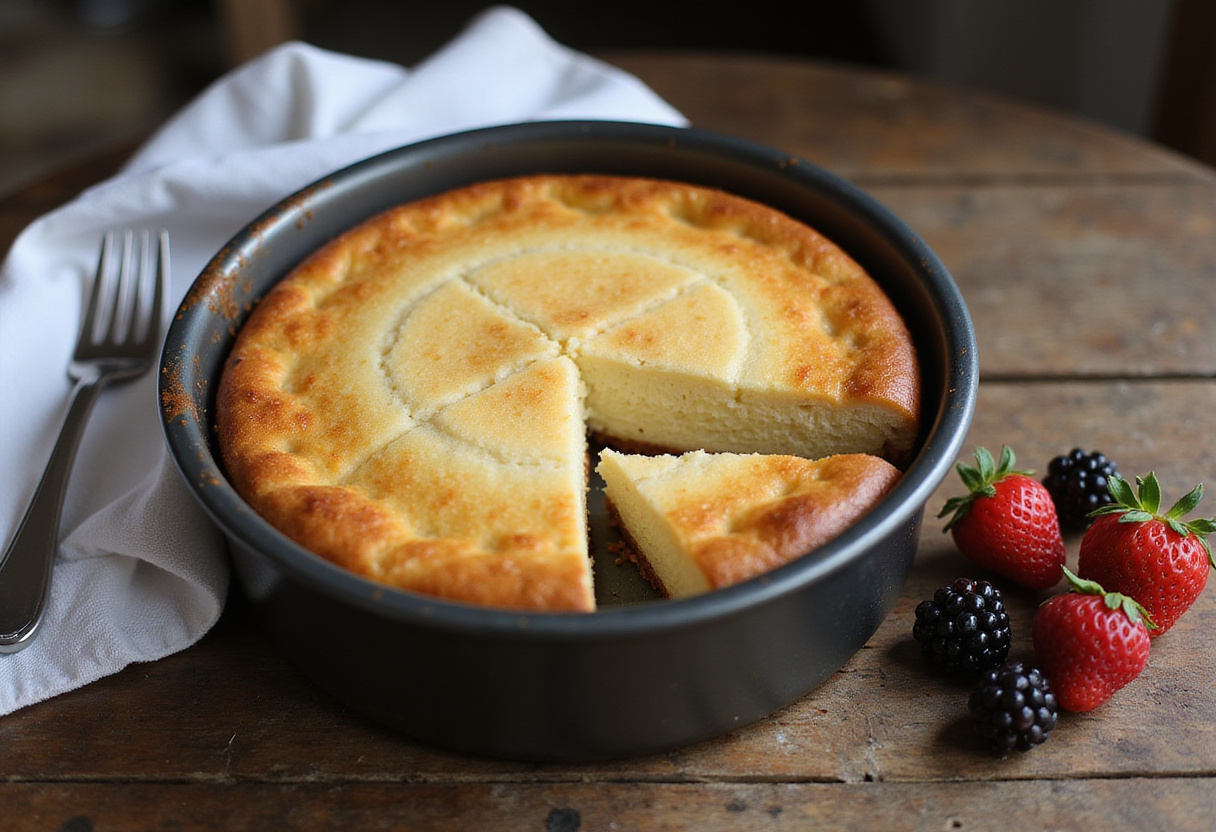 Perfectly baked Loaf Pan Basque Cheesecake served with fresh berries on a bright table setting.