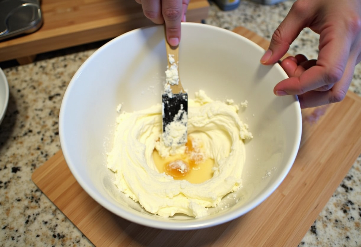 Mixing cream cheese and sugar for Loaf Pan Basque Cheesecake in a bright kitchen.