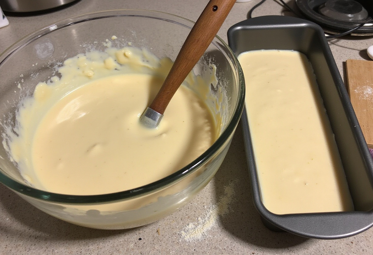 Pouring cheesecake batter into a loaf pan for Loaf Pan Basque Cheesecake, showcasing the preparation process.