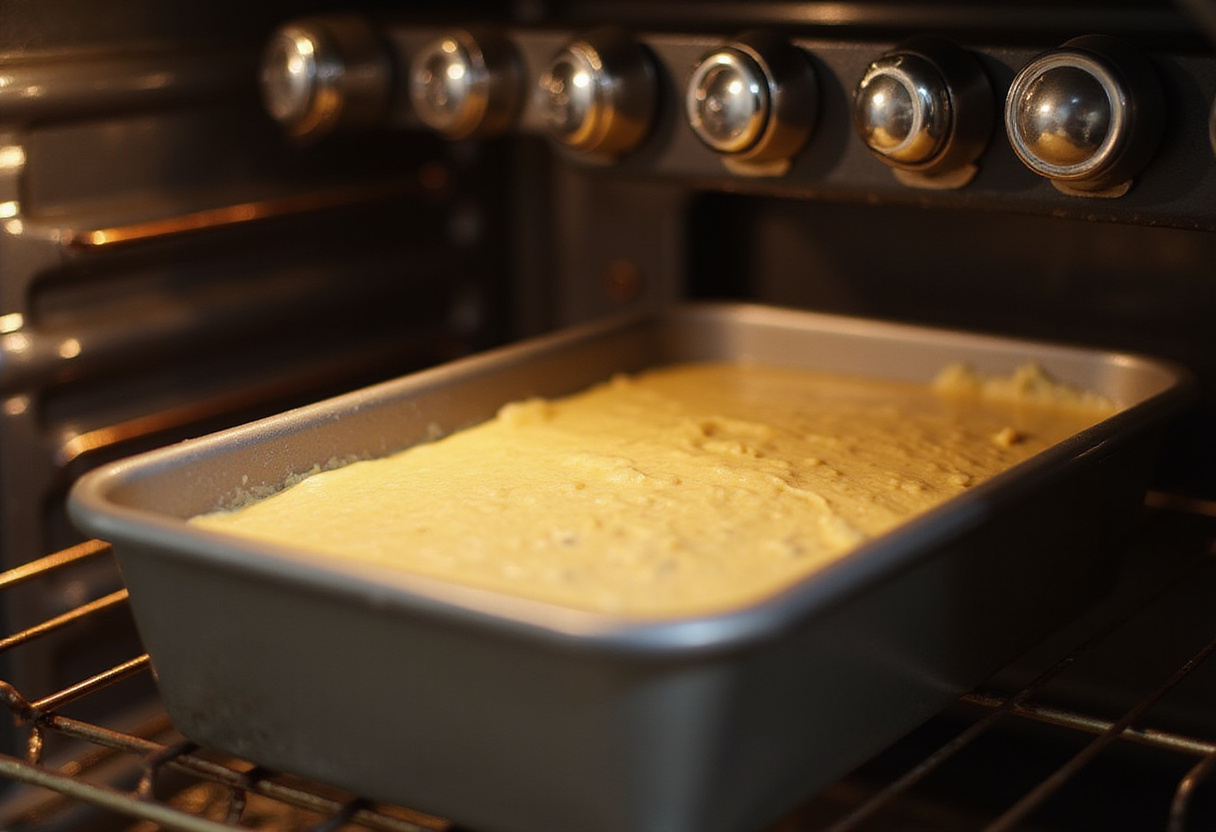 Baking Loaf Pan Basque Cheesecake in the oven, capturing the anticipation of a delicious dessert.