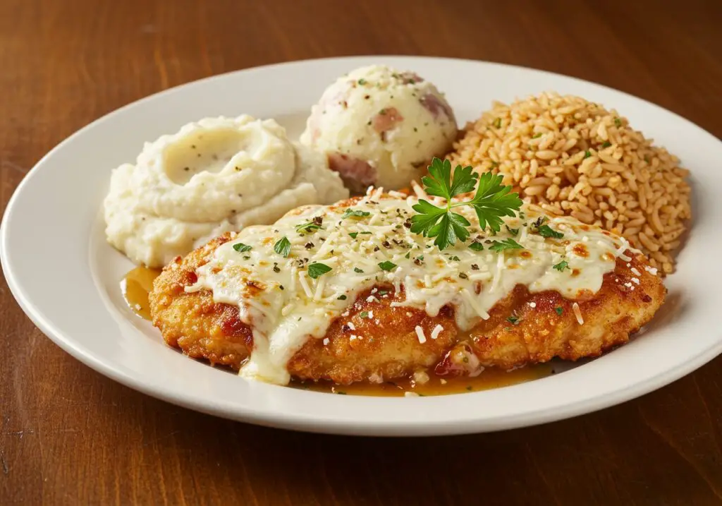 Final presentation of Longhorn Steakhouse Parmesan Chicken on a rustic table, highlighting its delicious and inviting appearance.