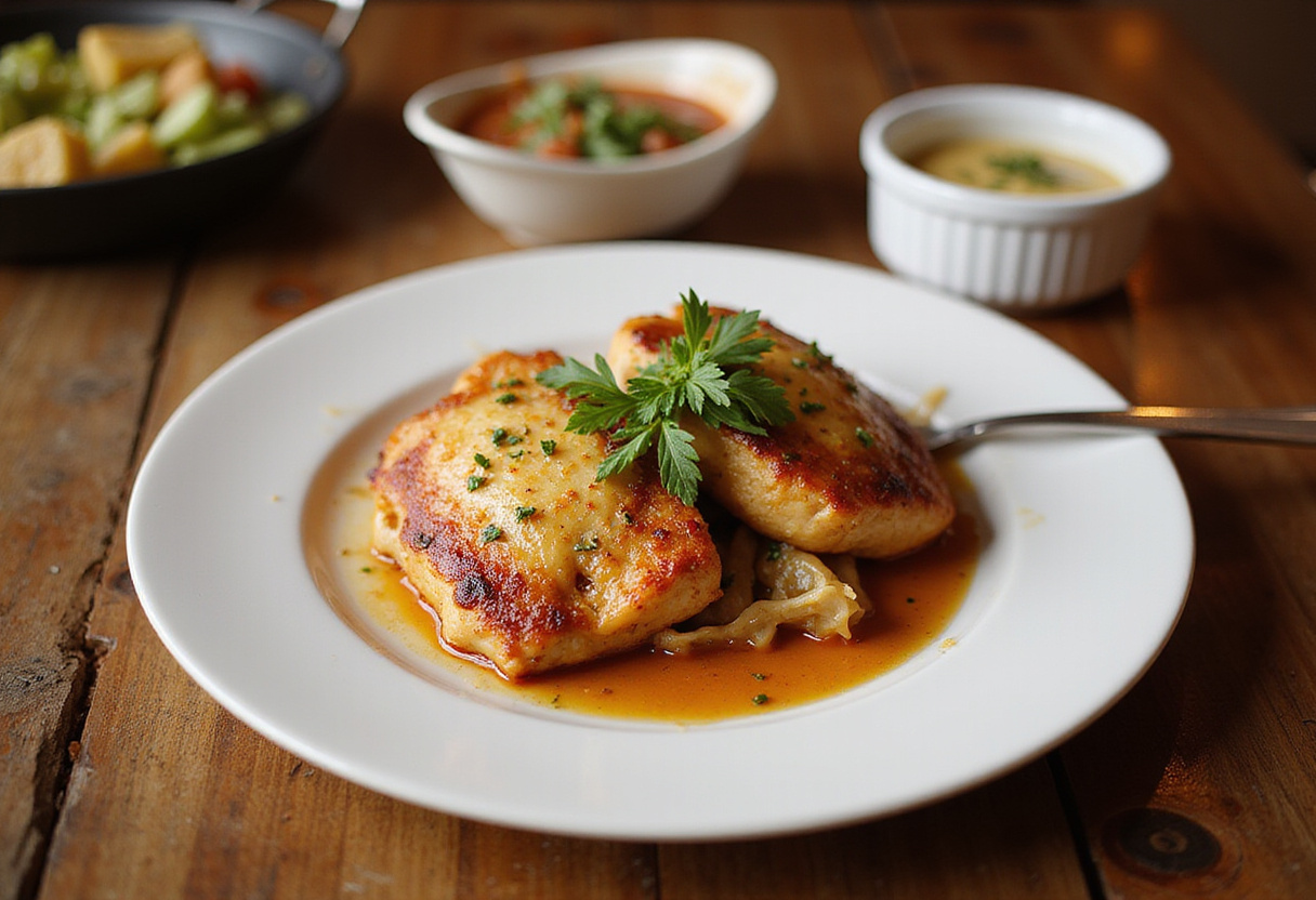 Final presentation of Longhorn Steakhouse Parmesan Chicken on a rustic table, highlighting its delicious and inviting appearance.