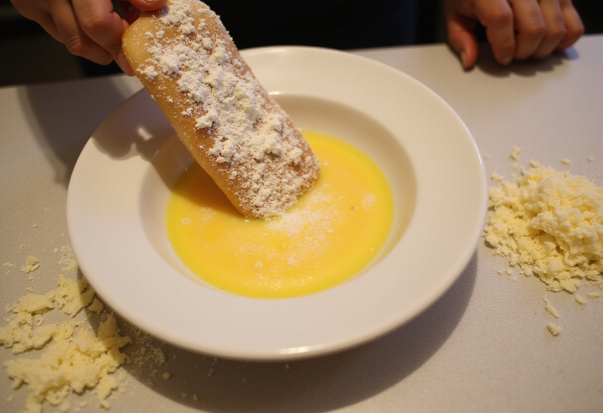 Coating chicken breast in flour and egg for Longhorn Steakhouse Parmesan Chicken, featuring Parmesan cheese for a delicious crust.