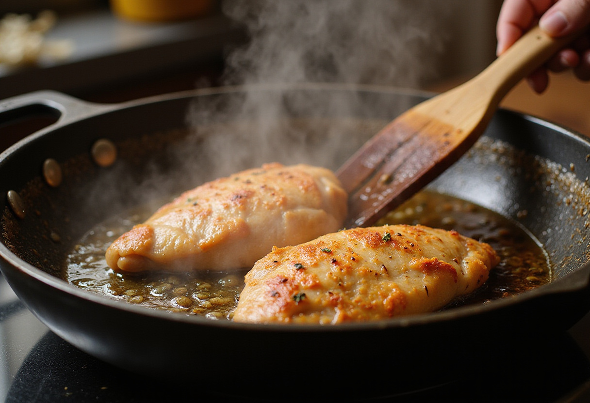 Frying chicken breast for Longhorn Steakhouse Parmesan Chicken in a skillet, creating a crispy and golden crust.