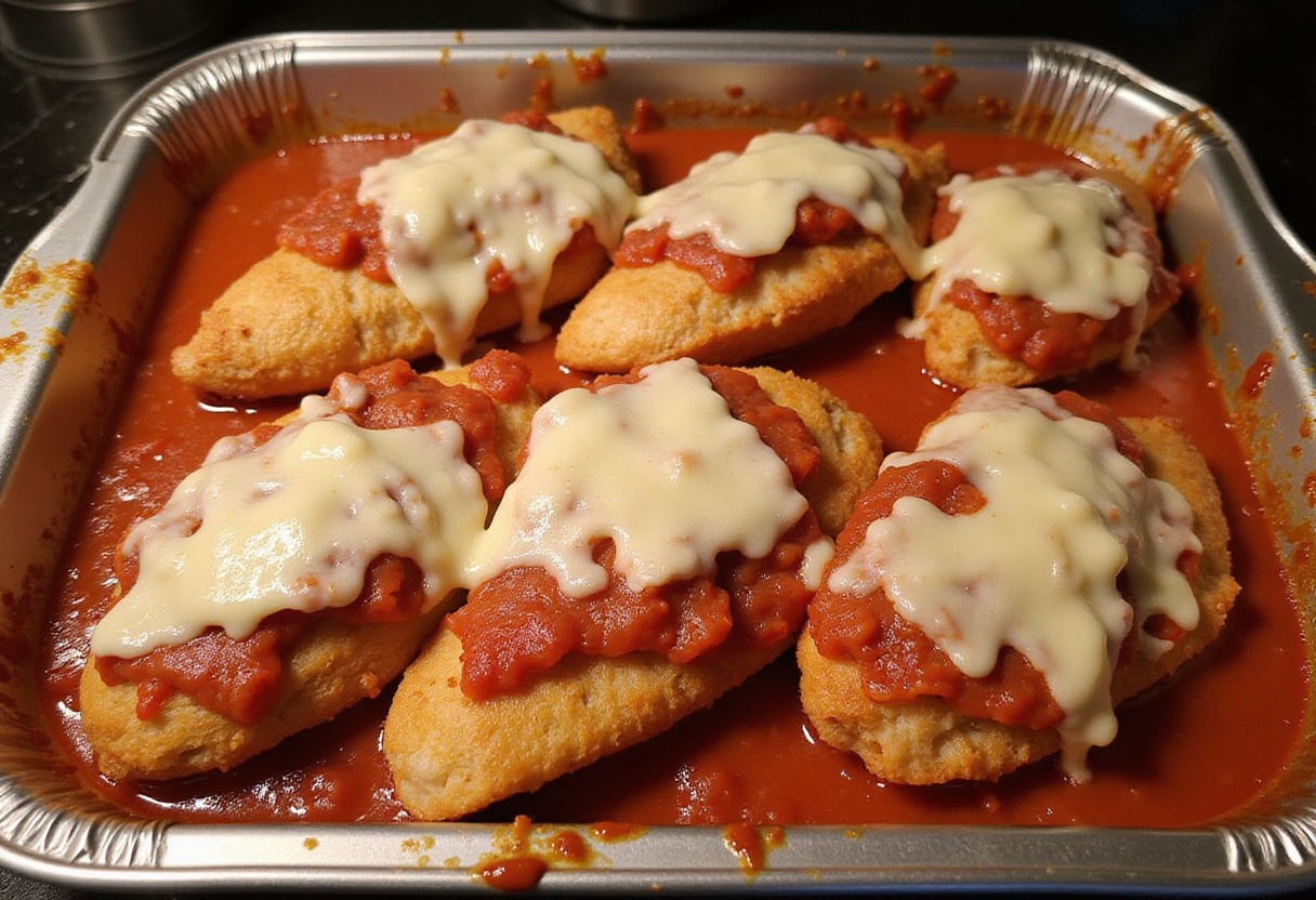 Layering marinara sauce and melted mozzarella on fried chicken for Longhorn Steakhouse Parmesan Chicken, preparing for the oven.