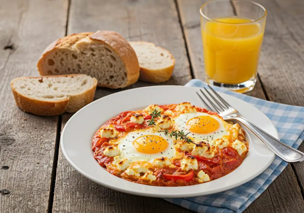 A deliciously plated Mediterranean Baked Feta Eggs with crusty bread and a glass of juice on a rustic wooden table.