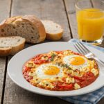 A deliciously plated Mediterranean Baked Feta Eggs with crusty bread and a glass of juice on a rustic wooden table.