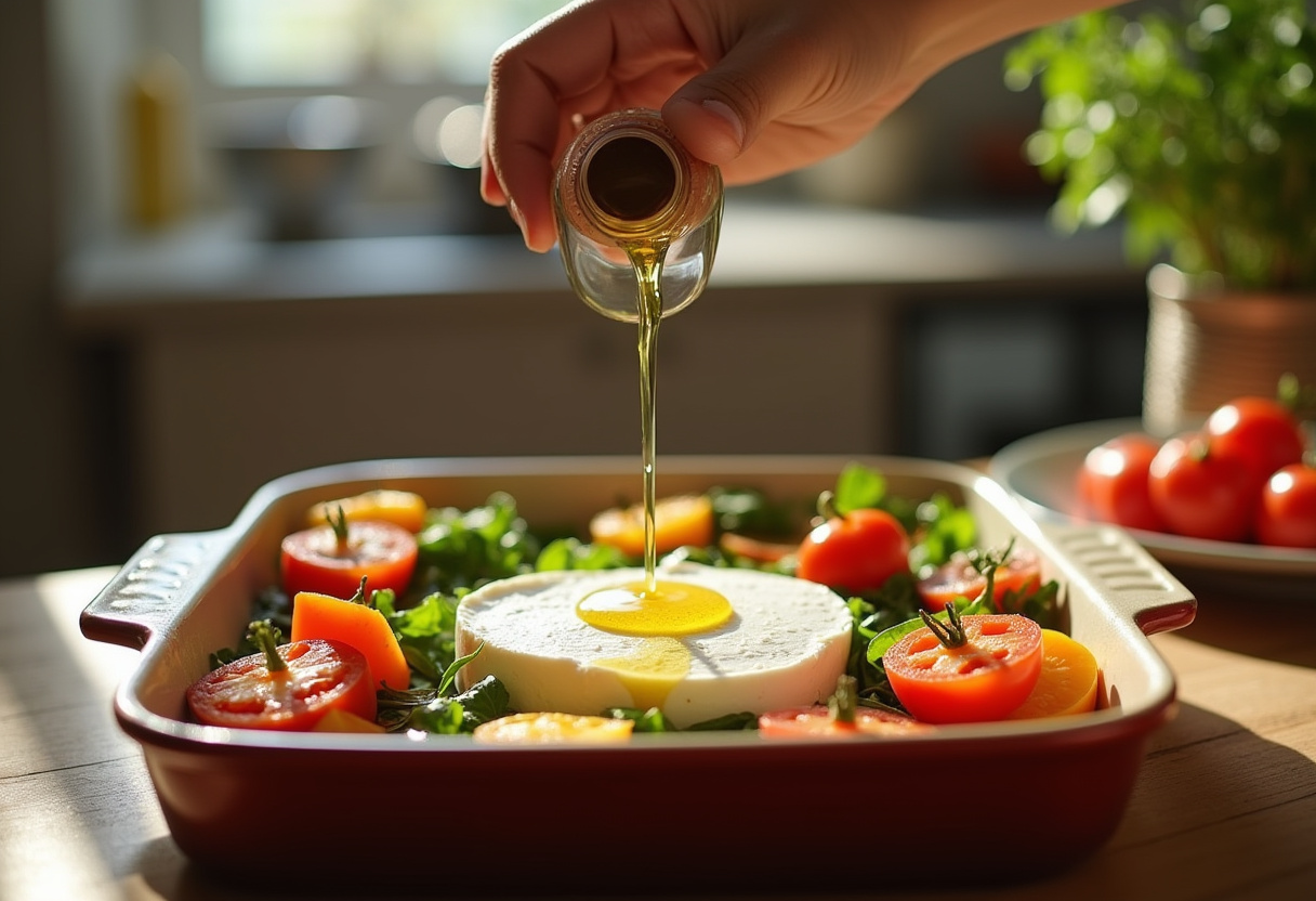 Olive oil being drizzled over feta cheese on a baking dish surrounded by colorful vegetables in a cozy kitchen.