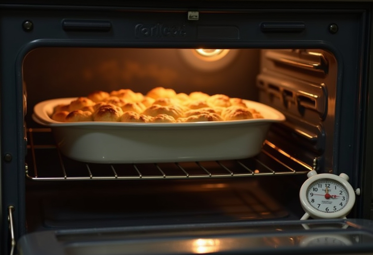 A baking dish with Mediterranean Baked Feta Eggs inside the oven, a warm glow visible, with a timer on the kitchen counter.