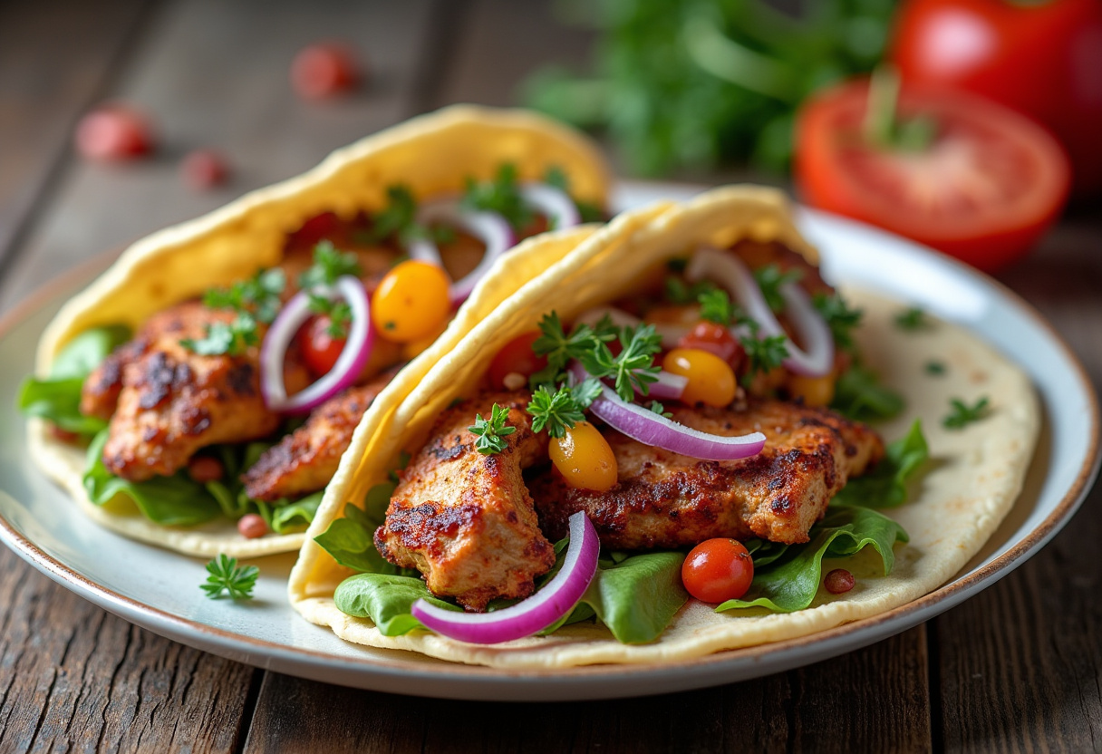 Delicious and visually appealing Mediterranean Chicken Gyros with creamy feta tzatziki sauce, showcasing vibrant flavors and perfect presentation.